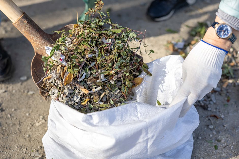 A person wearing a white work glove and a silver wristwatch is holding open a white woven polypropylene sack filled with garden debris, including small leafy branches with green and purple hues, and scattered gravel and dirt. The sack is situated outdoors on a paved or gravel surface, with a metal shovel partially inserted into the pile of organic waste. The background shows blurred outdoor elements and sunlight illuminating the scene, suggesting a garden or yard setting. The image captures a moment of on-site waste collection, typical of private or alternative rubbish removal services like those offered by Rubbish Collection Kensington, emphasizing the handling of garden clearance materials suitable for professional rubbish removal or disposal.